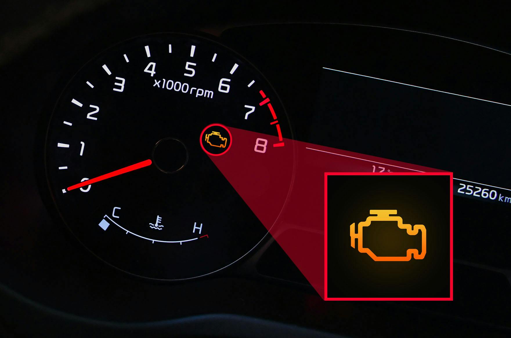 Check engine warning light on the dashboard