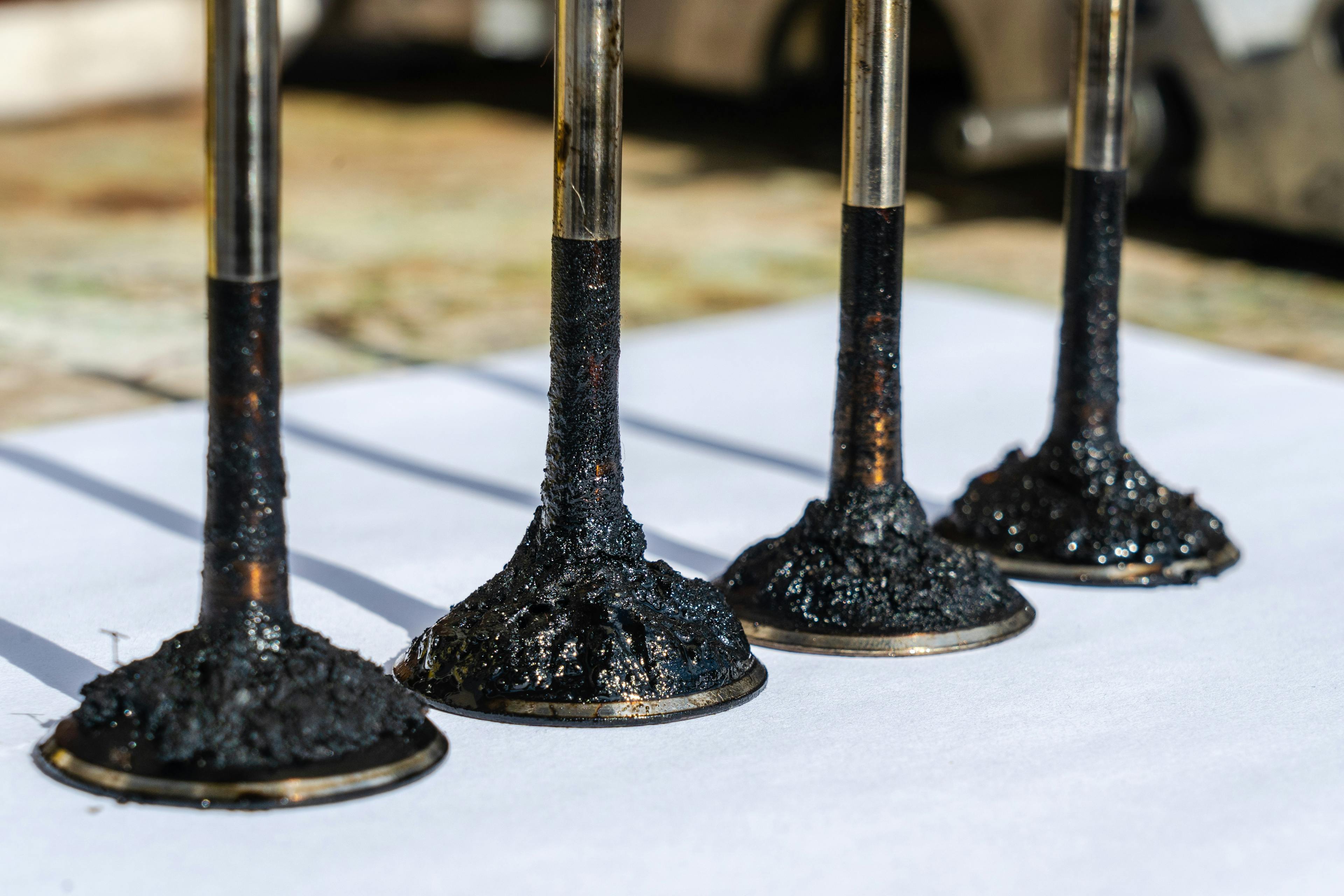 Engine valves in oil covered with soot