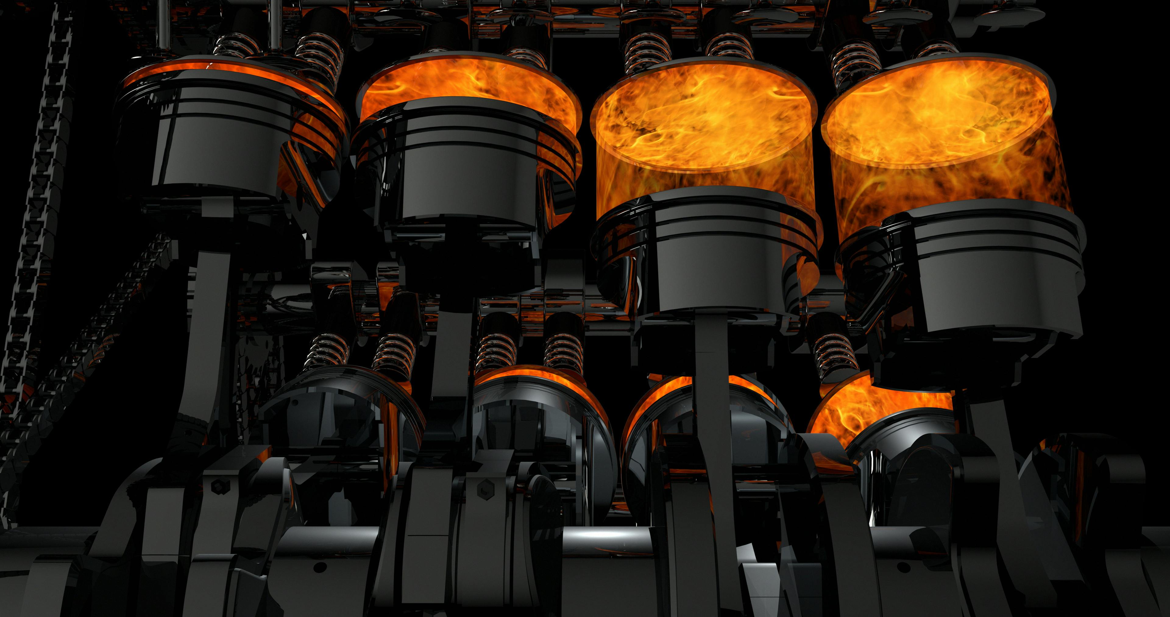 3D-model af en fungerende V8-motor. Stempler og andre mekaniske dele er i bevægelse.